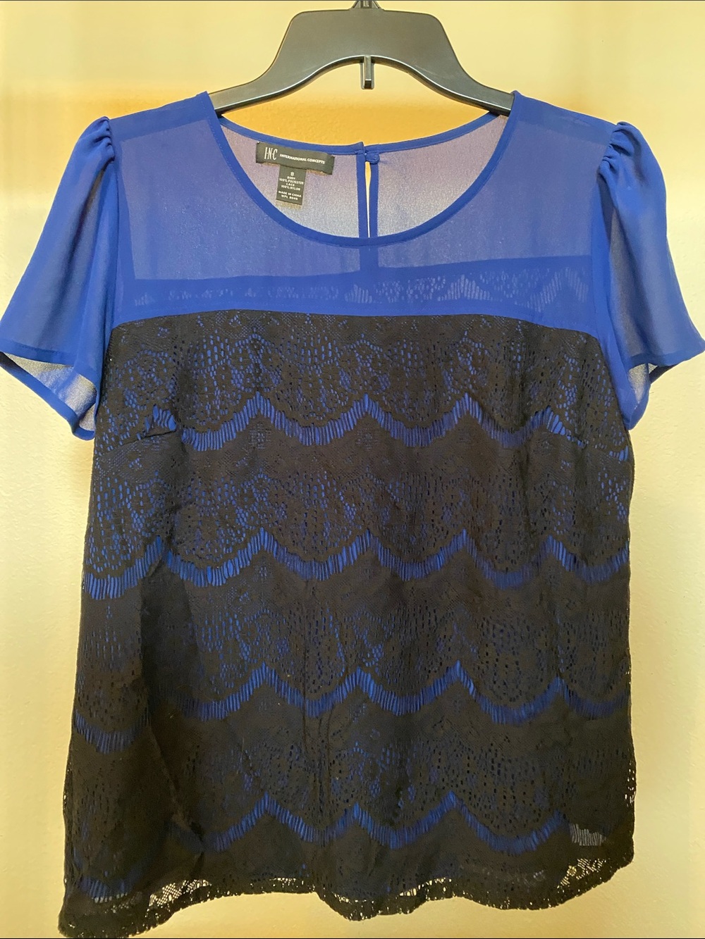 INC International Concepts Royal Blue Blouse with Black Lace Overlay